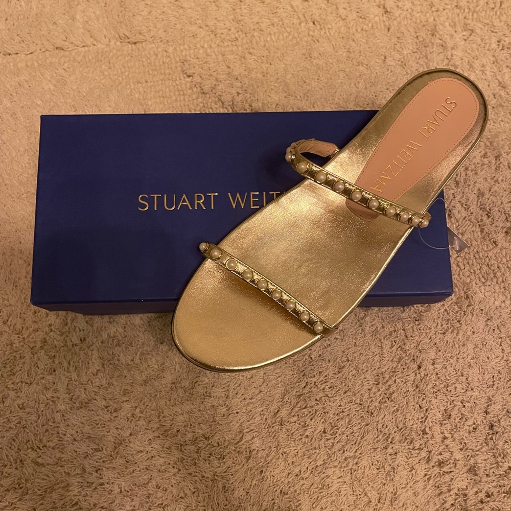 Stuart Weitzman Gold Pearl Flat Sandals Size 11